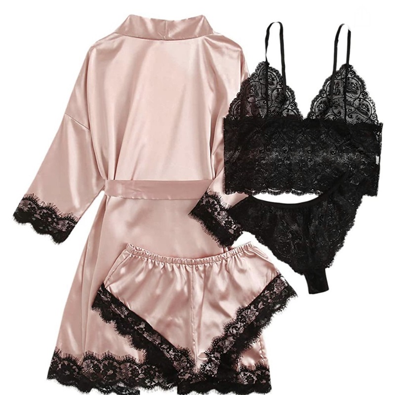 Lace-malet satin pyjamas 4-stykke sæt